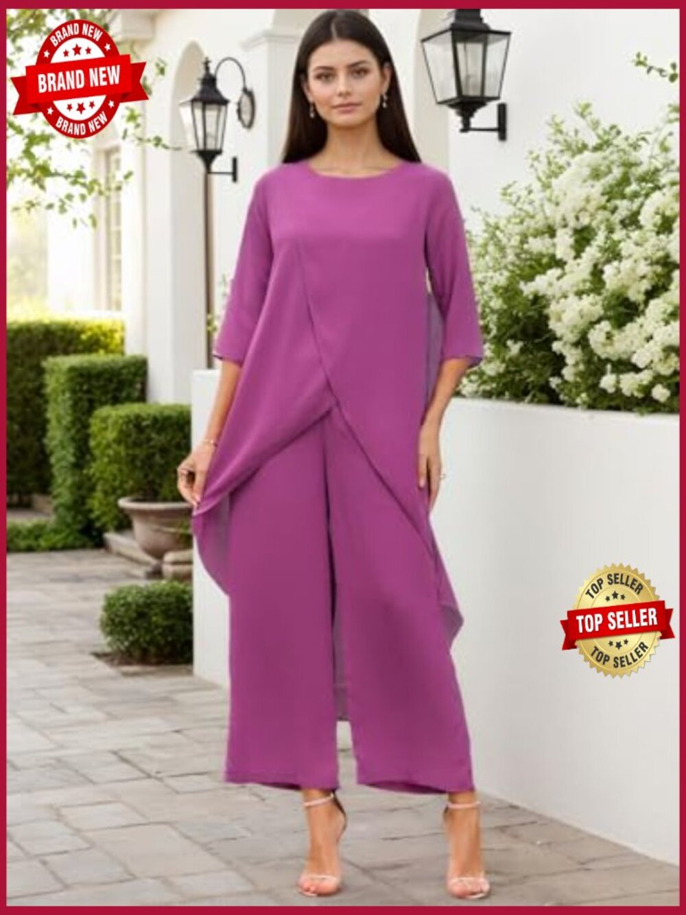 2 Piece Chiffon Pantsuit High Low Top Wide Leg Pants Set Formal Wedding Guest - Picture 2 of 7